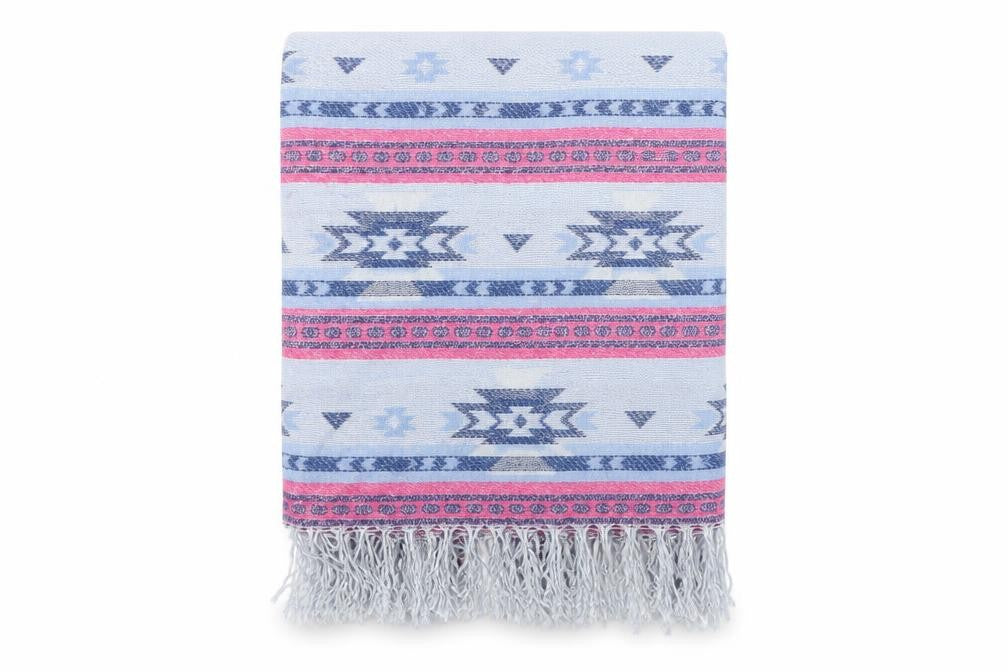 Front view of Preworn women’s blue geometric shawl/wrap