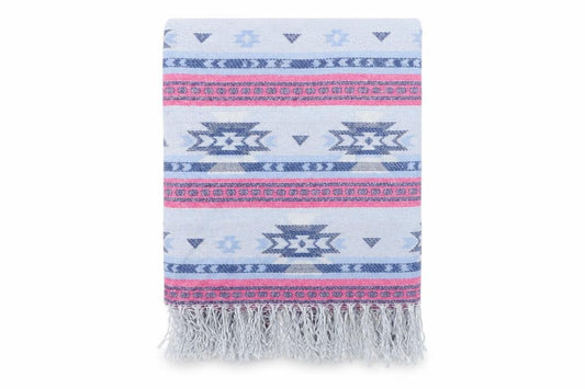 Front view of Preworn women’s blue geometric shawl/wrap