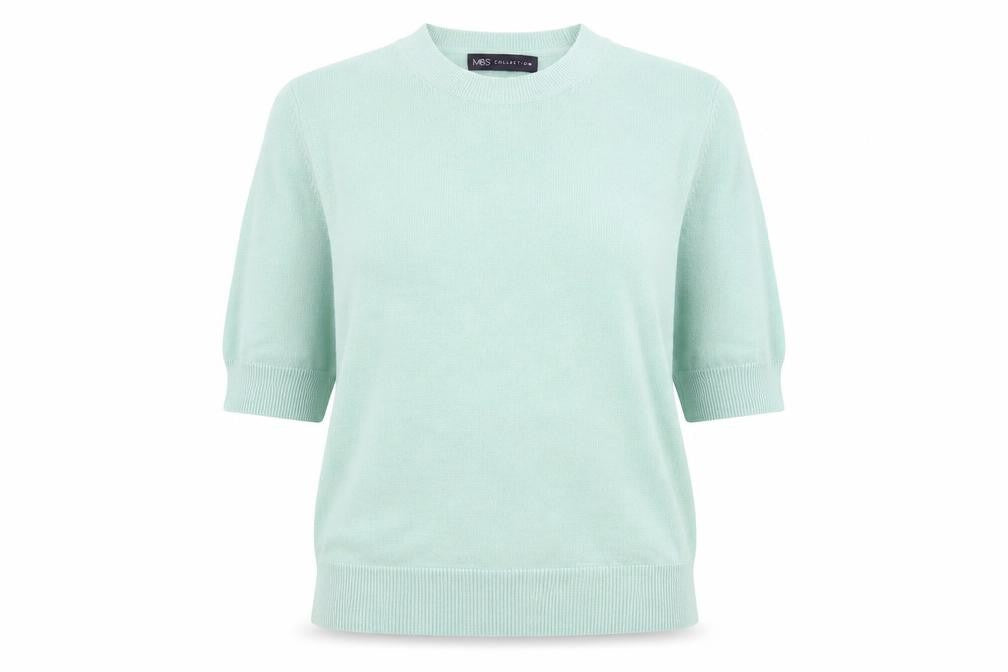 Front view of Marks & Spencer women’s green jumper, size UK 8