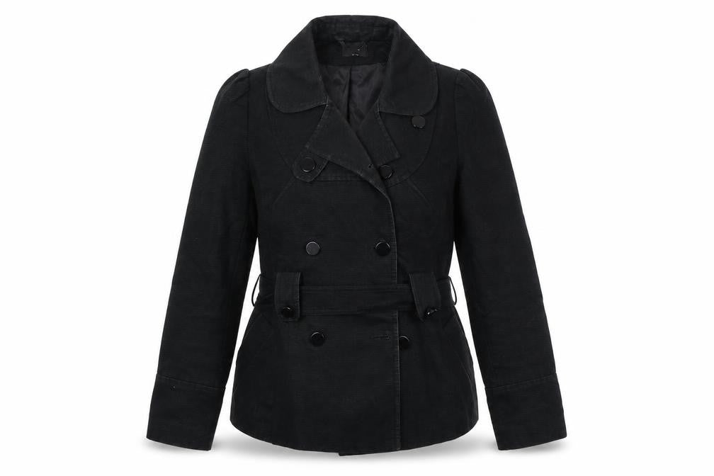 Front view of Oasis women’s black jacket coat, size UK 12, - belted