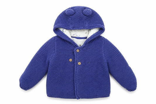 Front view of Marks & Spencer girls’ blue cardigan jumper, size 6-9, months
