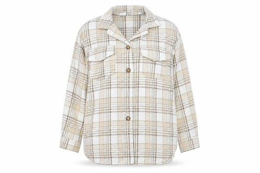 Front view of Cameo Rose women’s beige check basic button-up, size L