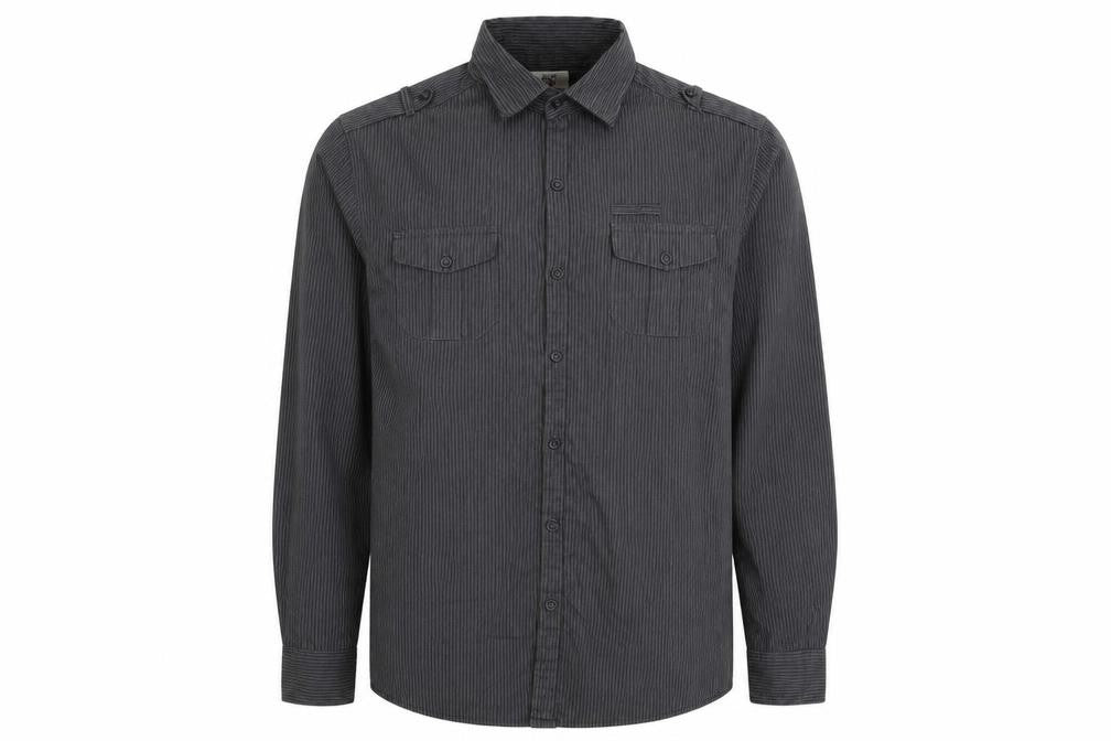 Front view of F&F men’s grey striped button-up, size L