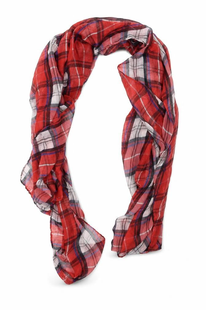 Front view of Preworn unisex red check shawl/wrap