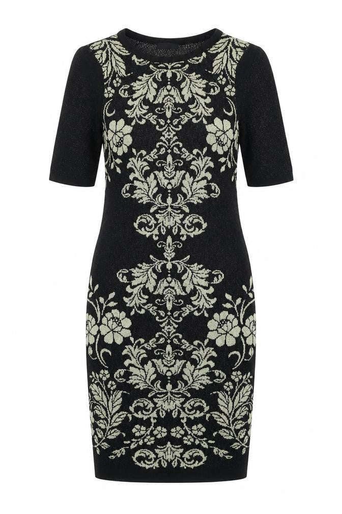 Front view of M&Co women’s black floral pencil dress, size UK 8