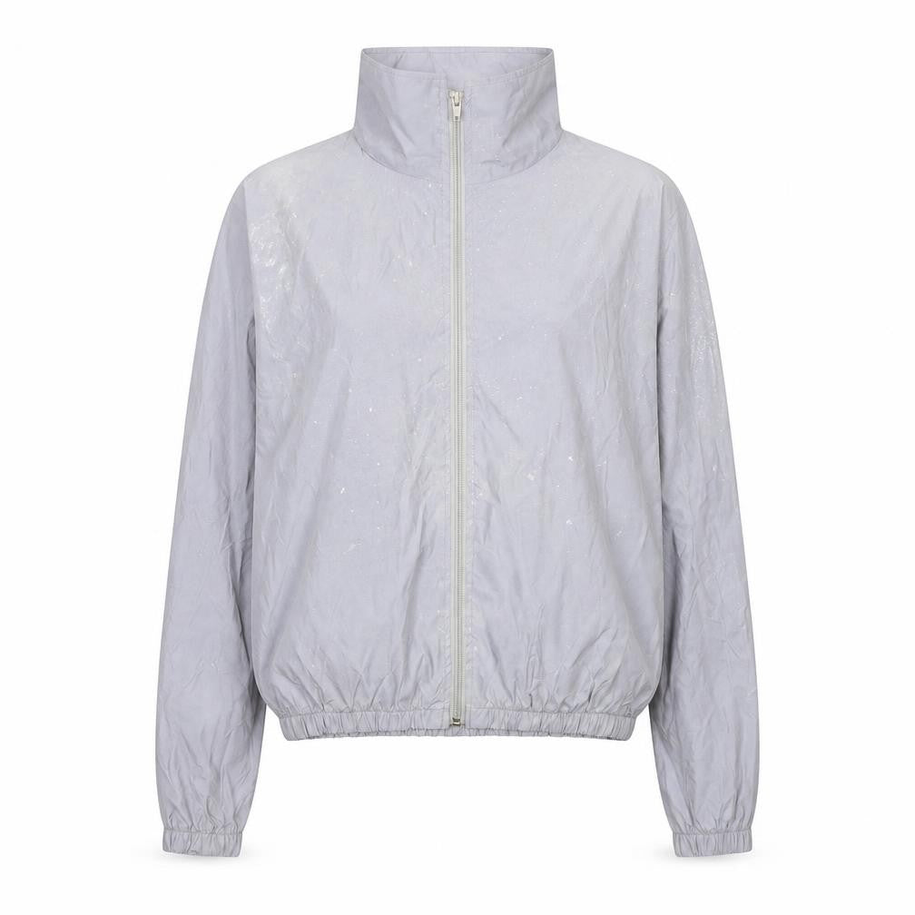Front view of Preworn women’s silver rain coat jacket, size 2XL