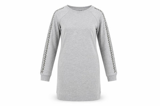 Front view of Max Jeans women’s grey jumper dress, size S, - studded