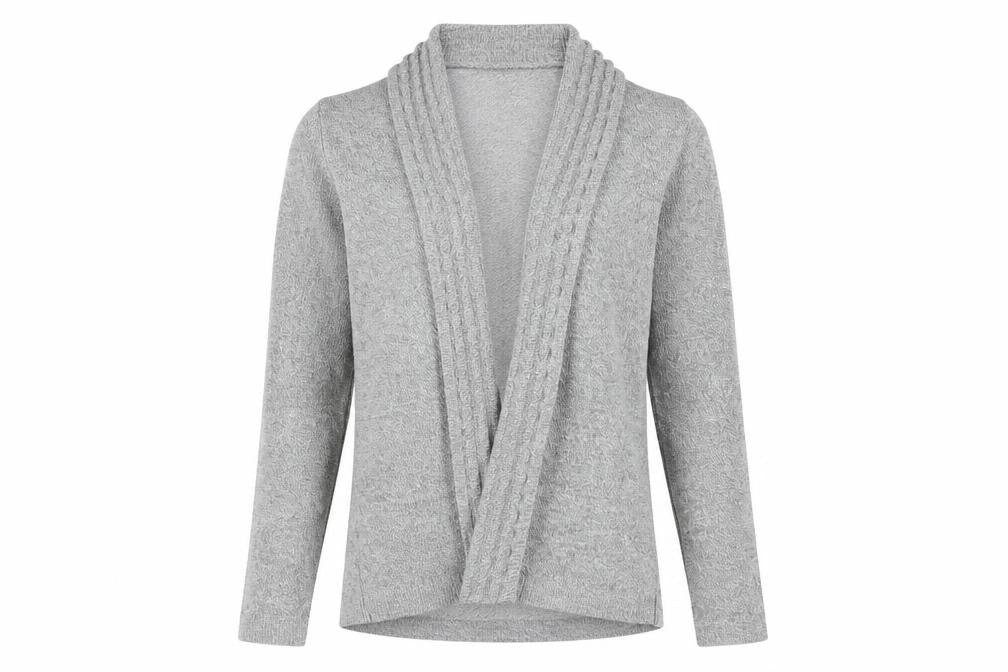 Front view of Monique women’s grey cardigan jumper, size M