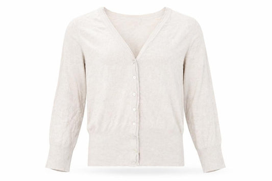Front view of Linea girls’ beige knit cardigan jumper, size XL