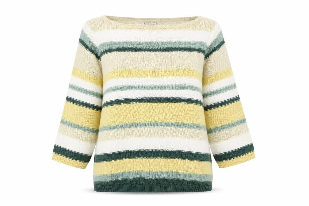 Front view of Emreco women’s multicoloured striped knit jumper, size UK 10