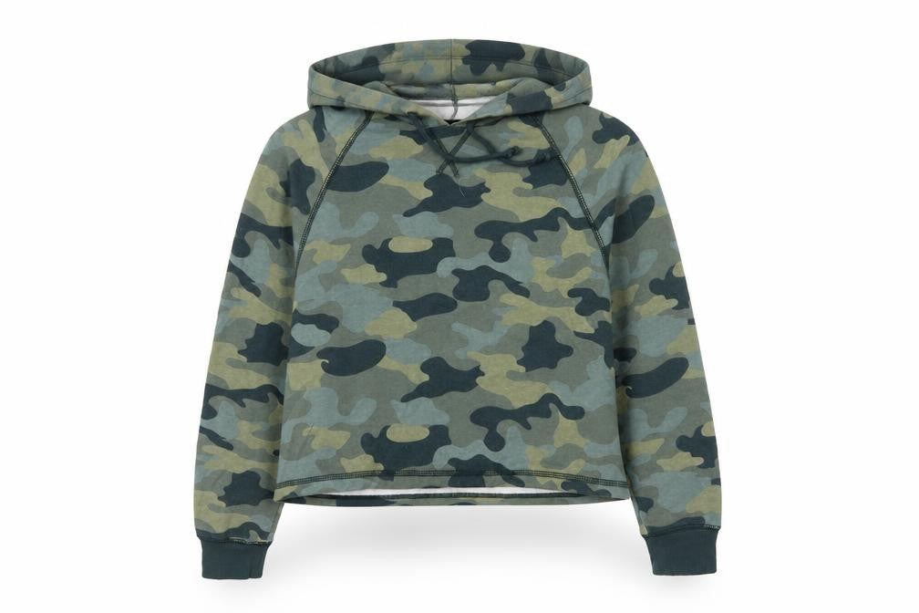 Front view of H&M women’s green camouflage jersey pullover hoodie, size S, - cropped