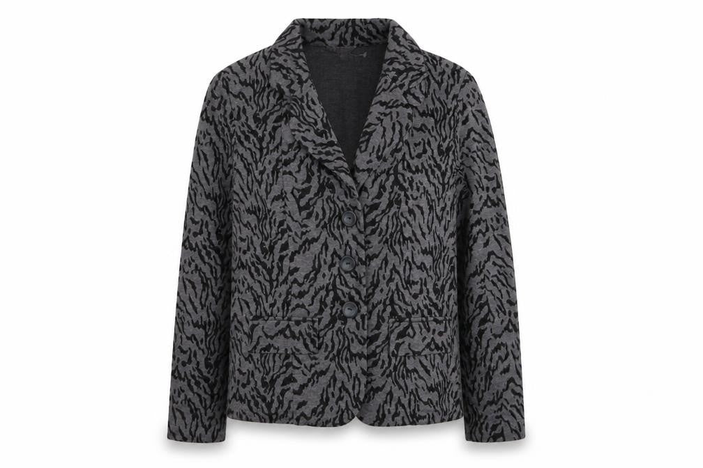 Front view of slima women’s grey animal print jacket blazer, size UK 14