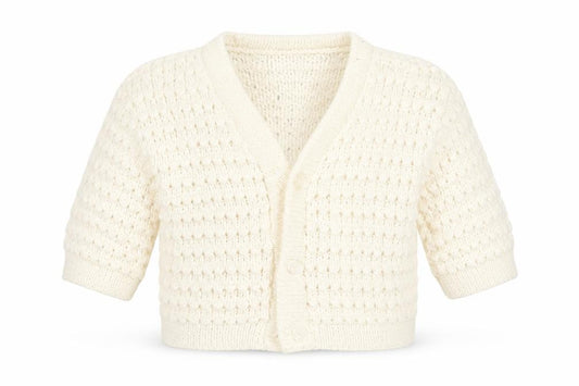 Front view of Bebe Bonito girls’ white cardigan jumper, size 3-6, months