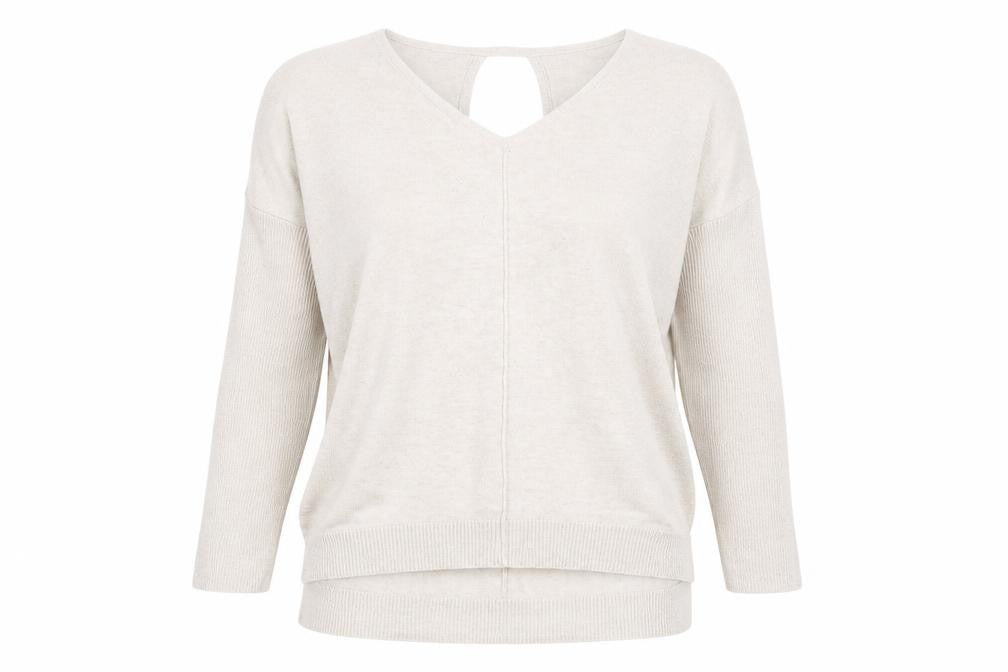 Front view of Marks & Spencer women’s beige knit jumper, size UK 8