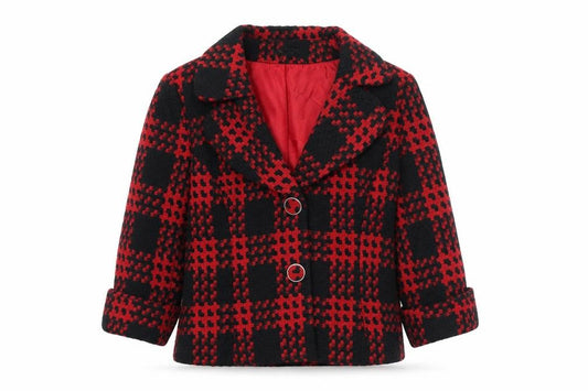 Front view of SF Collection women’s red geometric jacket, size UK 16