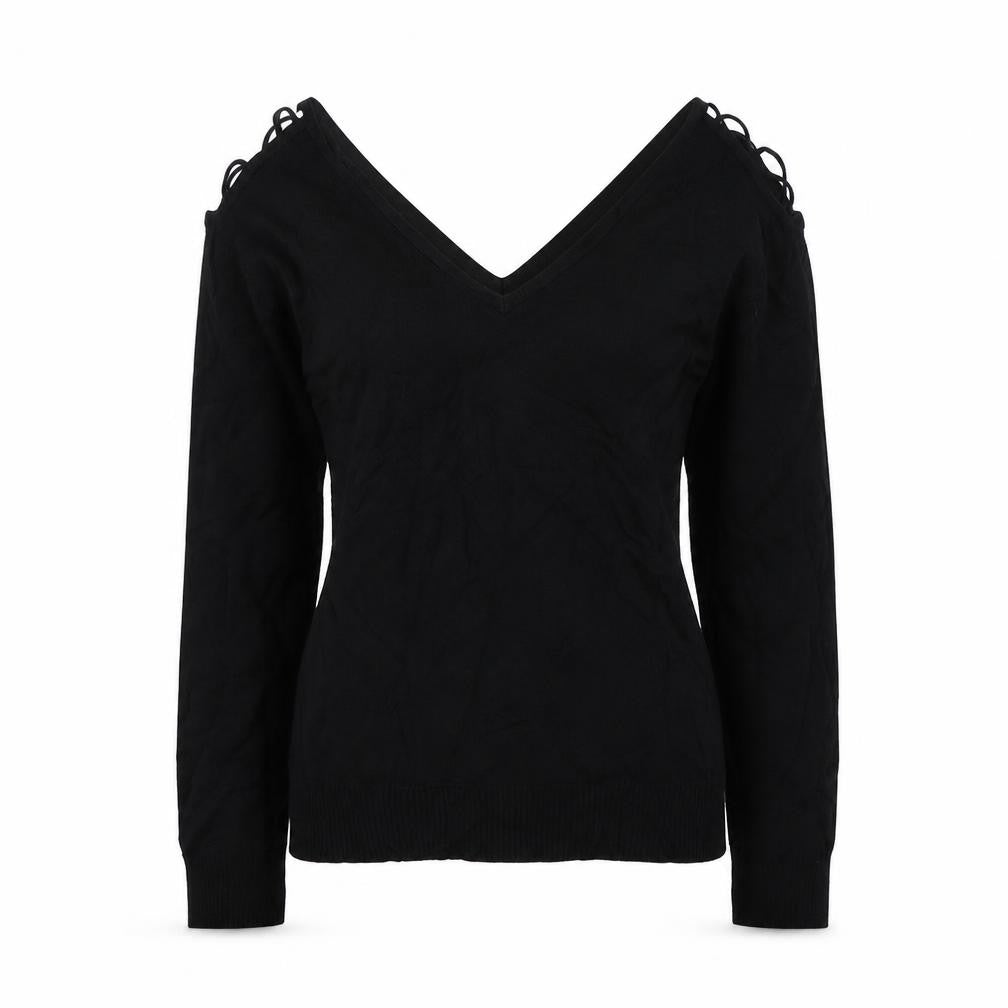 Front view of evie women’s black jumper, size UK 14, - open shoulders