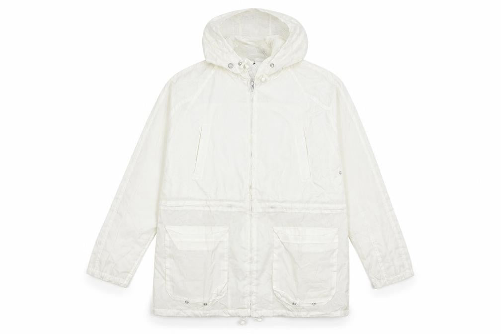 Front view of Janique women’s white jacket coat, size L, - washable marks
