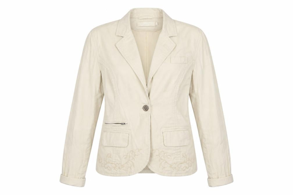 Front view of Lipo Lipo women’s beige jacket blazer, size UK 8