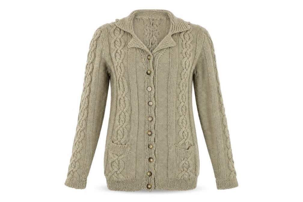 Front view of Preworn women’s beige cardigan jumper, size S