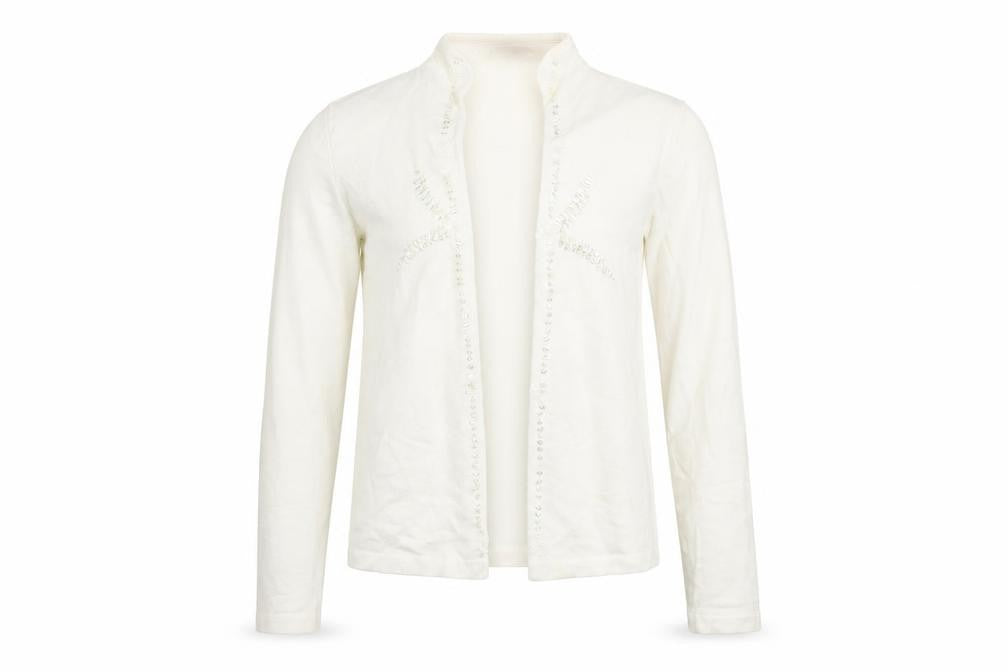Front view of bette paige girls’ white cardigan jumper, size S