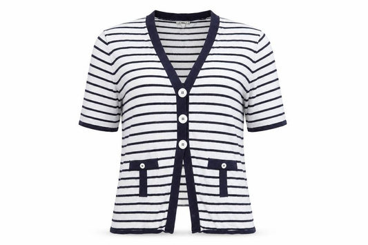 Front view of Text women’s multicoloured striped knit jumper, size L, - mock cardigan