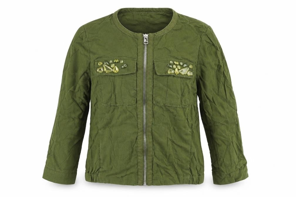 Front view of H&M women’s green jacket, size UK 6, - studded detail