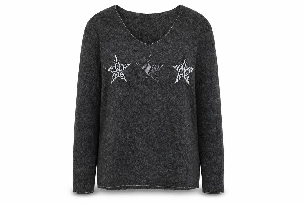 Front view of Preworn women’s grey jumper, size S, - stars