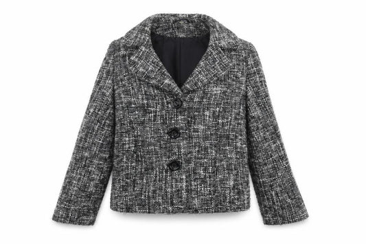 Front view of EWM women’s black jacket, size UK 12