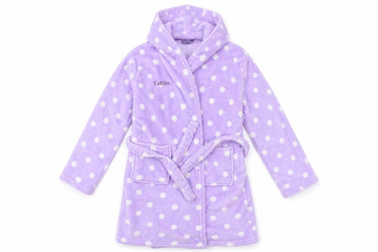 Front view of Preworn girls’ purple polka dot robe, size 10-11, years - caitlin embroidered on