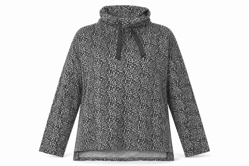 Front view of Love To Lounge women’s black animal print jumper, size L