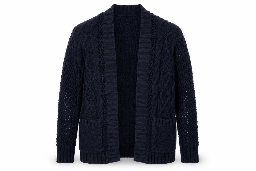 Front view of Marks & Spencer women’s blue knit cardigan jumper, size S