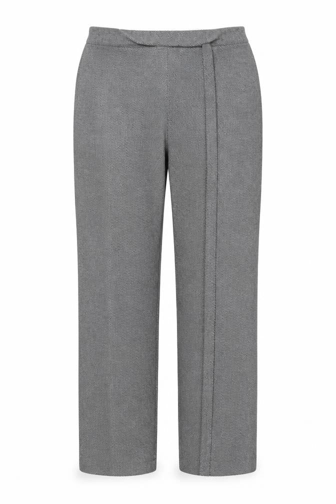 Front view of Marks & Spencer women’s grey herringbone trousers, size UK 12, 28-inch leg