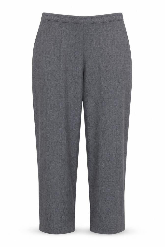 Front view of Preworn women’s grey trousers, size UK 30, in, 27-inch leg