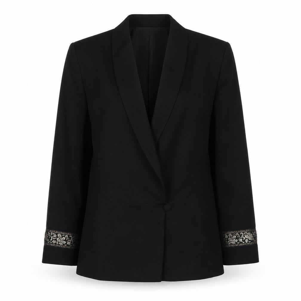 Front view of Precis women’s black jacket suit jacket, size UK 10, - embroidered sleeve detail