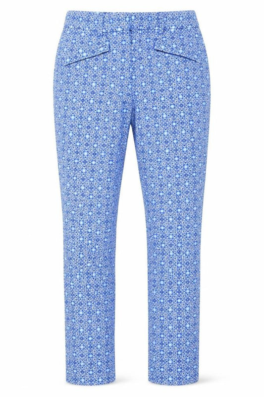Front view of Gap women’s blue floral trousers, size UK 4, 22-inch leg