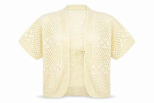 Front view of gazelle women’s ivory shrug jumper, size S