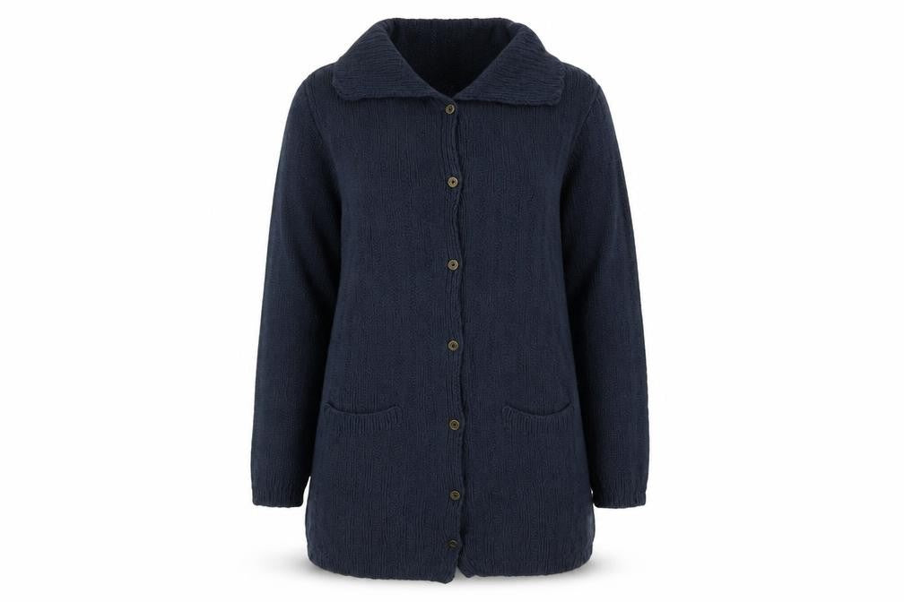 Front view of Preworn women’s blue cardigan jumper, size M