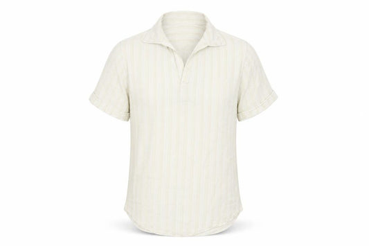 Front view of Denim 73 men’s beige polka dot button-up, size S