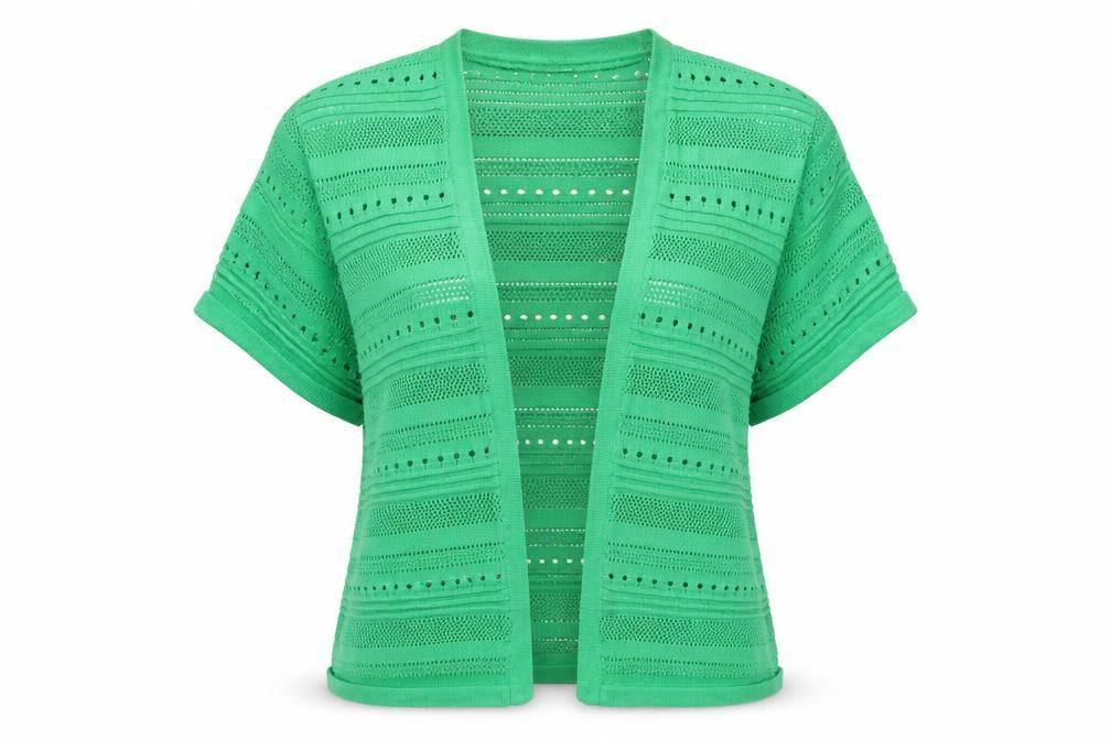 Front view of M&Co women’s green cape jumper, size UK 14