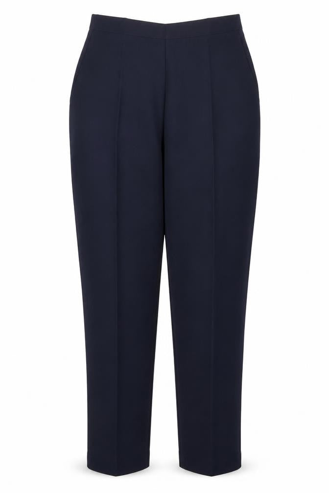 Front view of Preworn women’s blue trousers, size UK 12, 24-inch leg