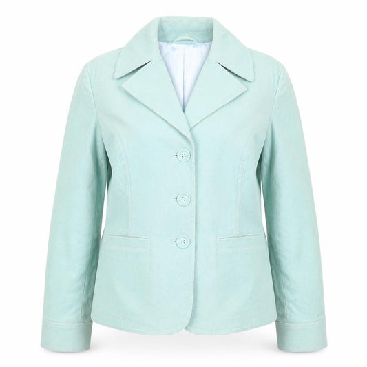 Front view of Next women’s blue corduroy jacket suit jacket, size UK 12