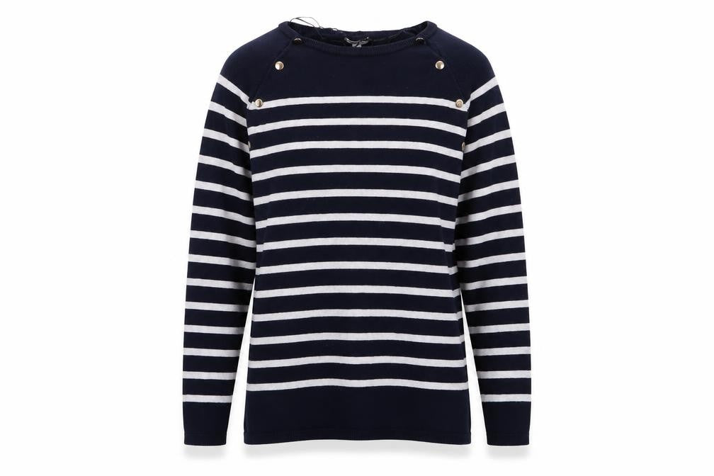 Front view of Vertbaudet women’s blue striped jumper, size UK 12