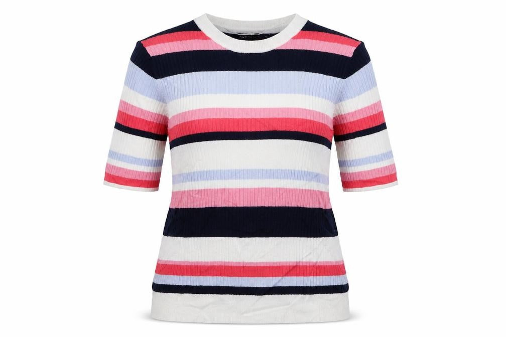 Front view of Marks & Spencer women’s multicoloured striped basic t-shirt, size UK 12