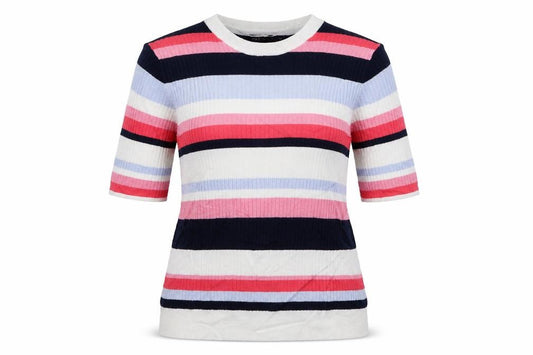 Front view of Marks & Spencer women’s multicoloured striped basic t-shirt, size UK 12