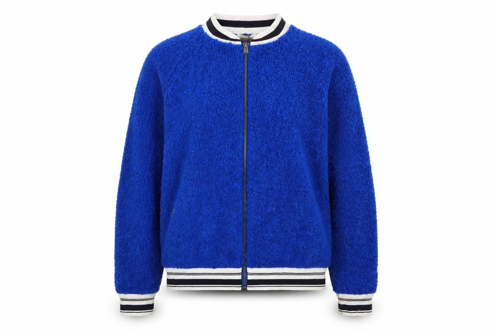 Front view of Limited Edition women’s blue full zip jumper, size UK 12
