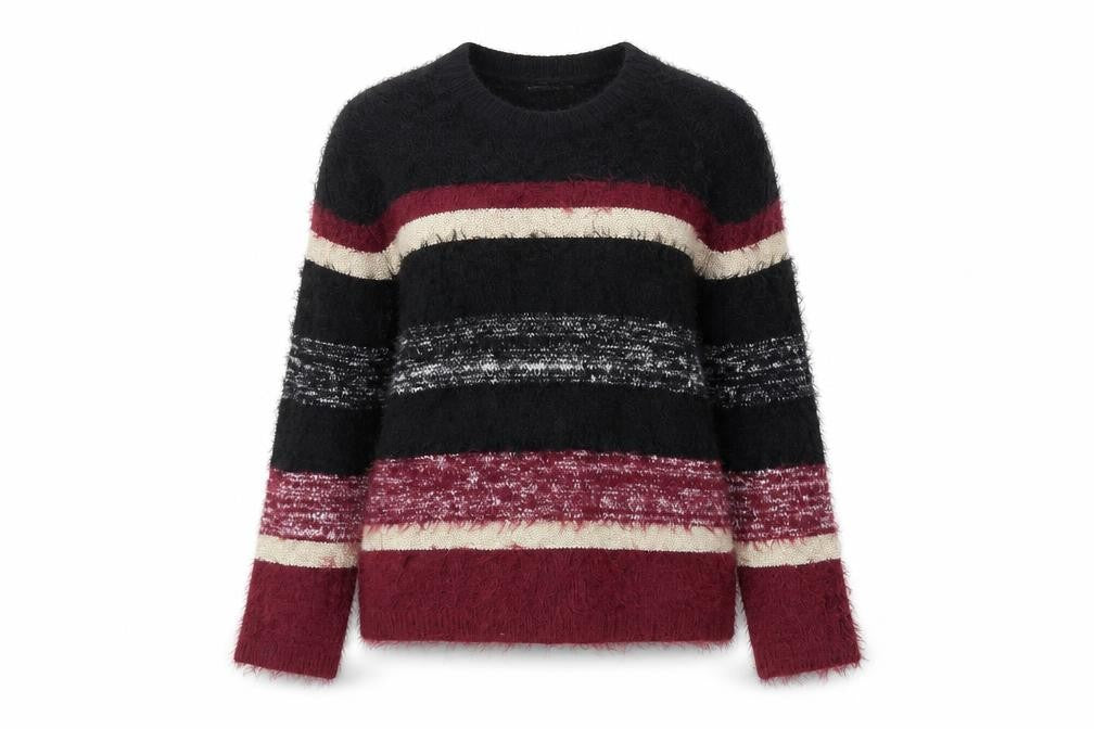 Front view of In Extenso women’s black striped pullover sweatshirt, size S