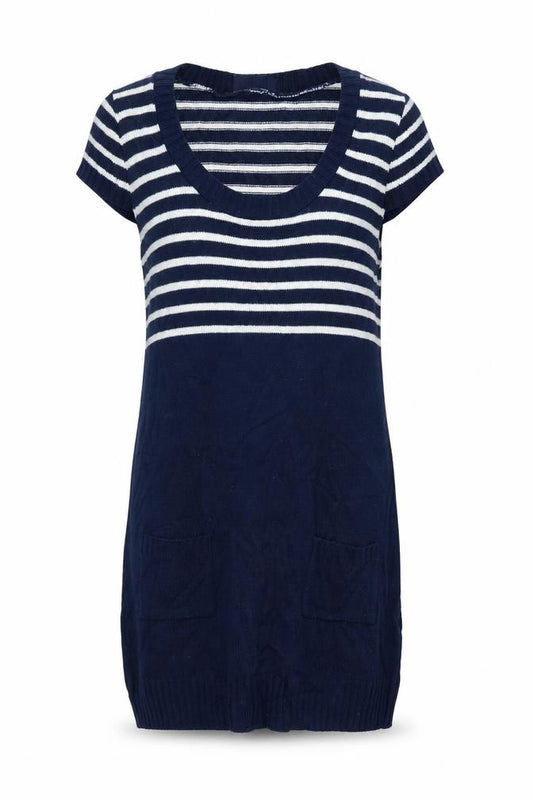 Front view of New Look women’s blue striped jumper dress, size M