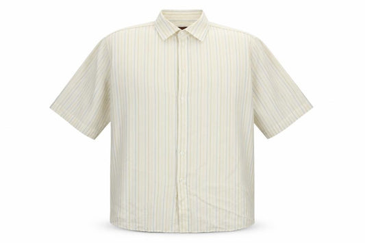 Front view of Marks & Spencer men’s beige striped button-up, size XL