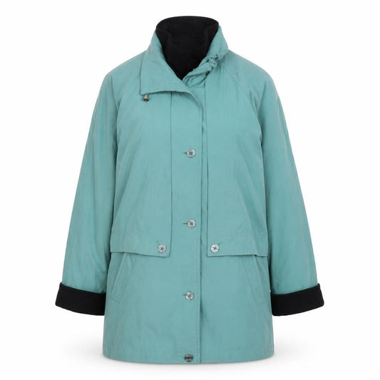 Front view of Preworn women’s green overcoat coat, size UK 12