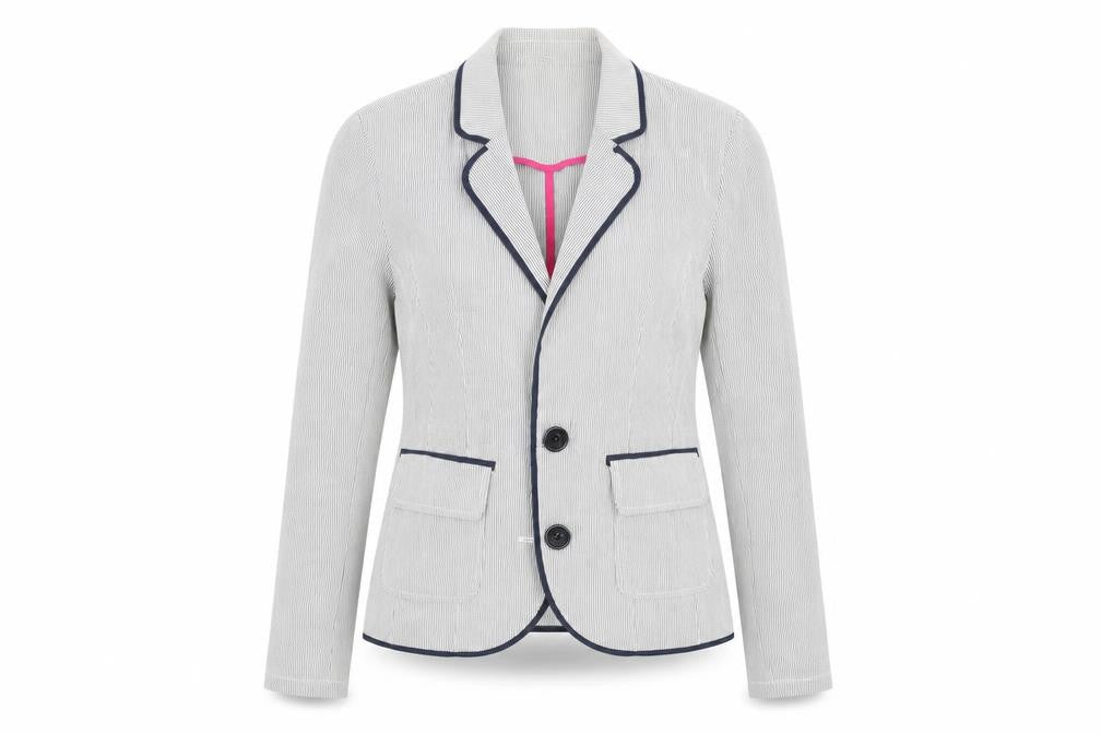 Front view of George women’s grey striped jacket, size UK 10
